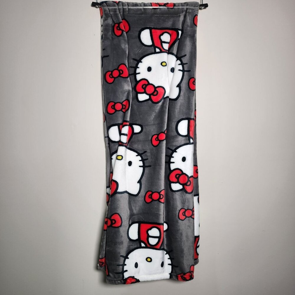 Hello Kitty Plush Throw Blanket 50" x 70" By Sanrio Gray With Red & White Design
